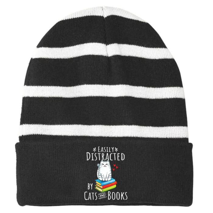 Easily Distracted By Cats And Books Funny Cat Book Lover Striped Beanie with Solid Band