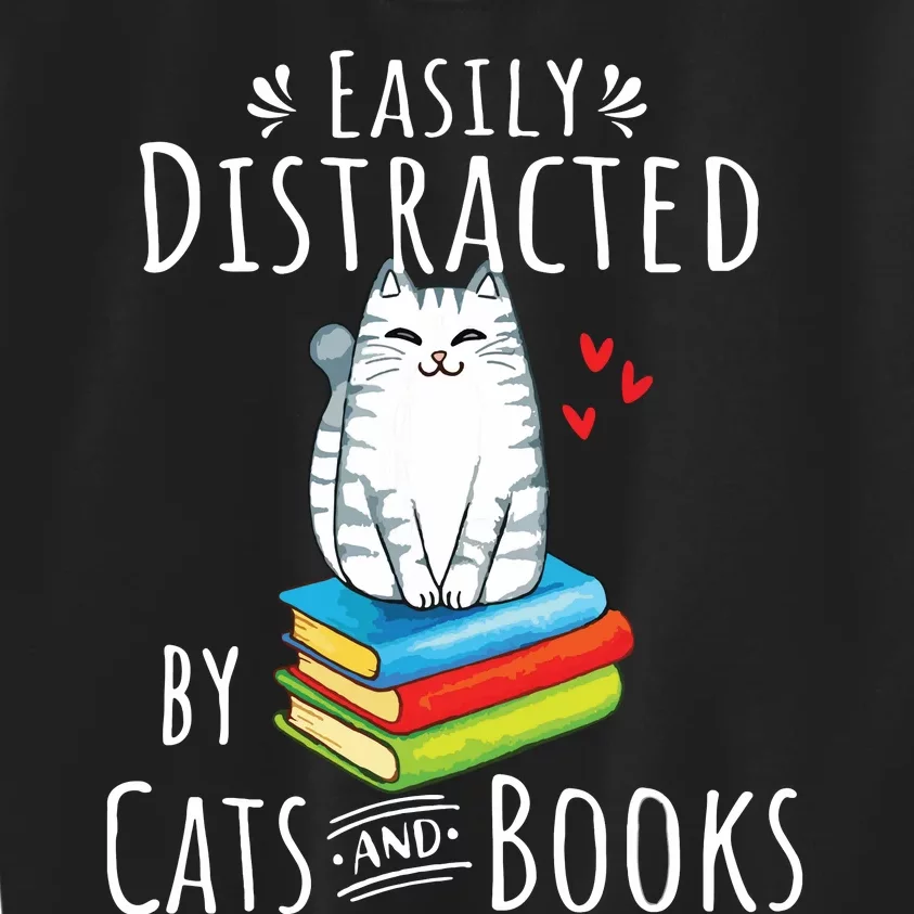 Easily Distracted By Cats And Books Funny Cat Book Lover Kids Sweatshirt