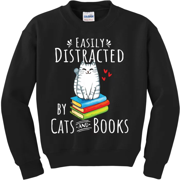 Easily Distracted By Cats And Books Funny Cat Book Lover Kids Sweatshirt