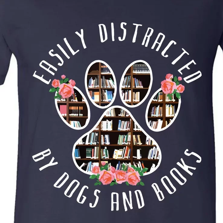 Easily Distracted By Dogs And Books Animal Book Lover Gift V-Neck T-Shirt