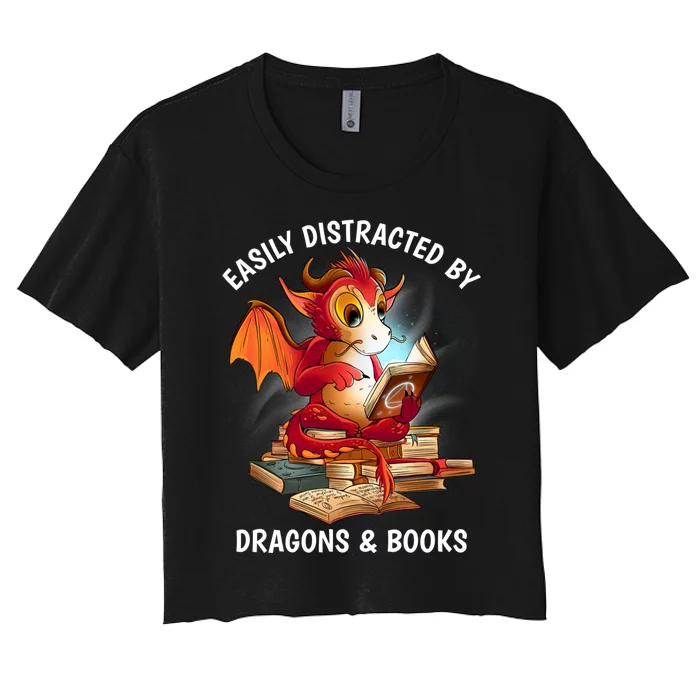 Easily Distracted By Dragons And Books Nerd Dragon Women's Crop Top Tee