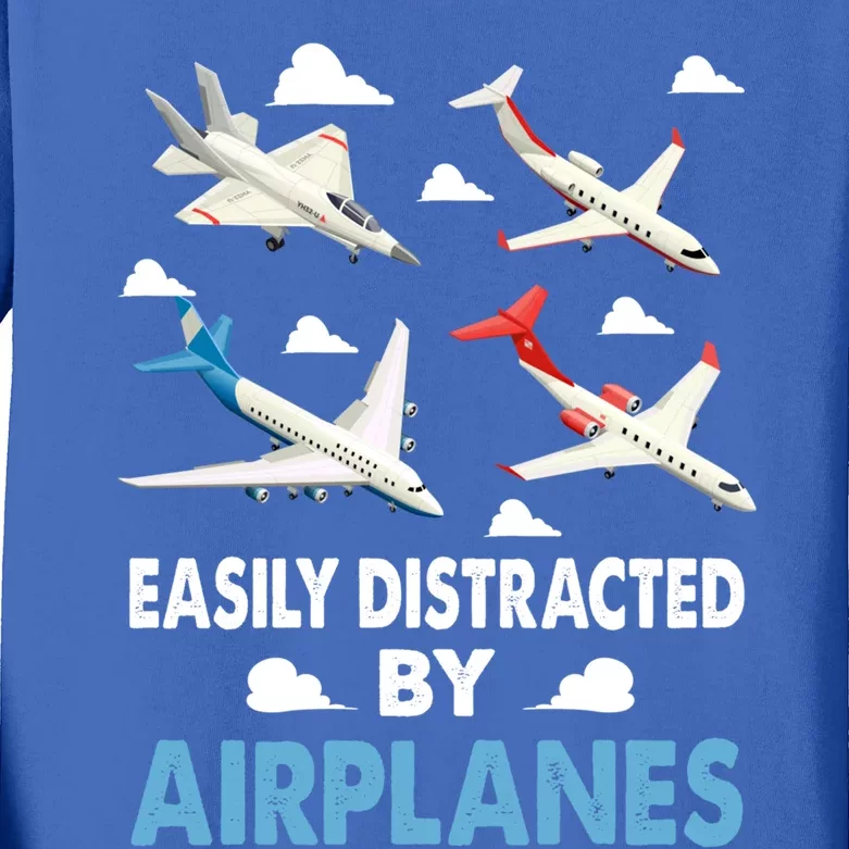 Easily Distracted By Airplanes Aircraft Pilot Jet Engine Gift Kids Long Sleeve Shirt