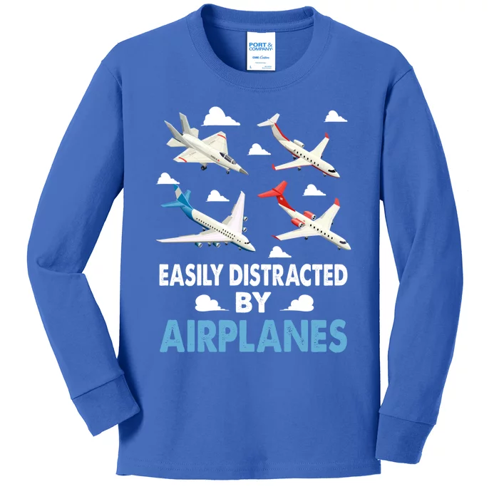 Easily Distracted By Airplanes Aircraft Pilot Jet Engine Gift Kids Long Sleeve Shirt