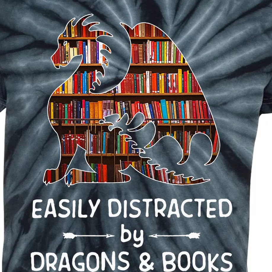 Easily Distracted By Dragon And Books Nerds Kids Tie-Dye T-Shirt