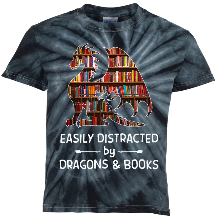 Easily Distracted By Dragon And Books Nerds Kids Tie-Dye T-Shirt