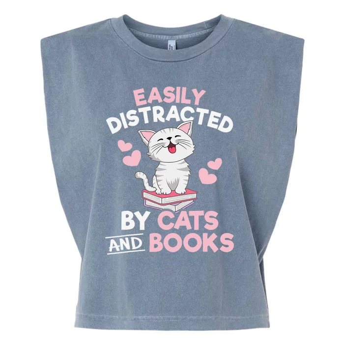 Easily Distracted By Cats and Books Cute Cat Book Lover Garment-Dyed Women's Muscle Tee