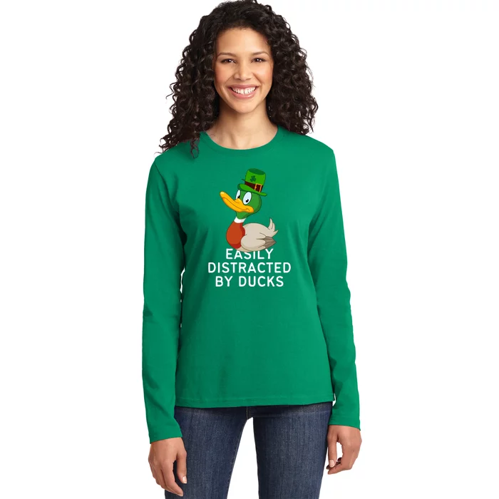 Easily Distracted By Ducks Funny St Patrick Day Ladies Long Sleeve Shirt