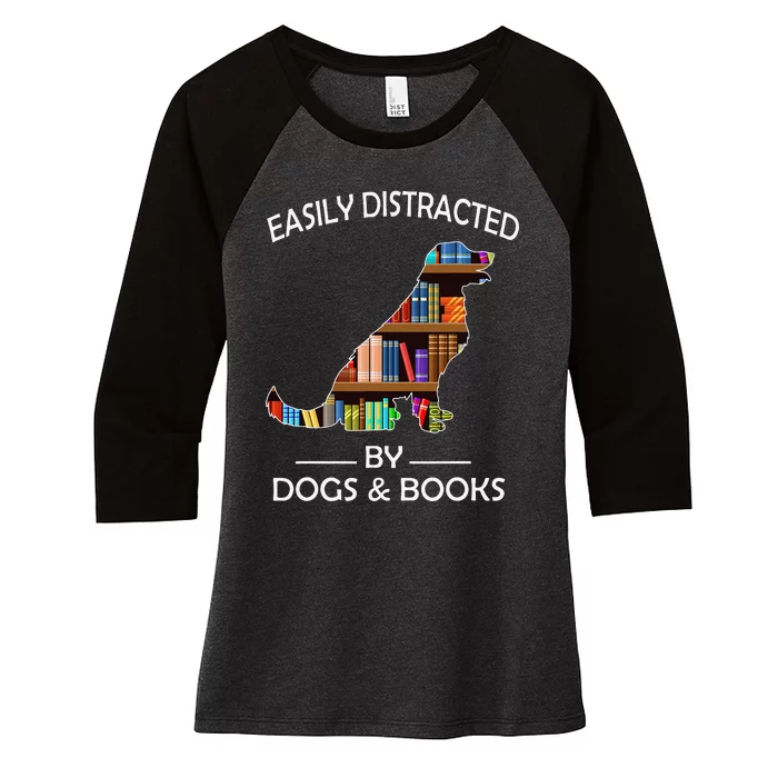 Easily Distracted By Dogs & Books Funny Golden Retriever Women's Tri-Blend 3/4-Sleeve Raglan Shirt