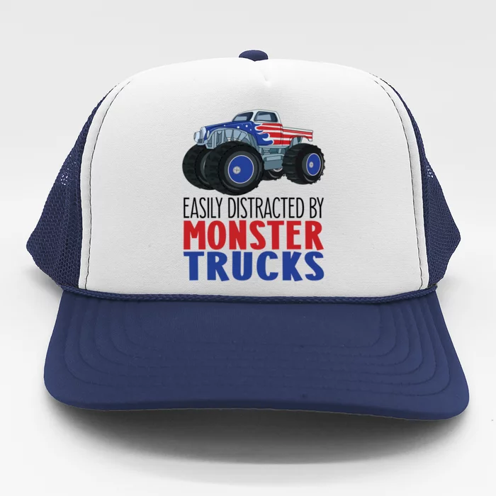 Easily Distracted By Monster Trucks Usa Flag Design Gift Trucker Hat