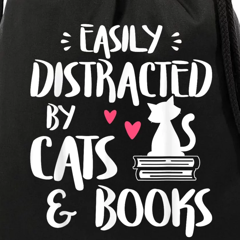 Easily Distracted By Cats And Books Cat & Book Lover Drawstring Bag