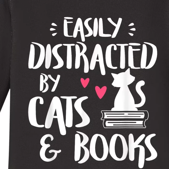 Easily Distracted By Cats And Books Cat & Book Lover Baby Long Sleeve Bodysuit