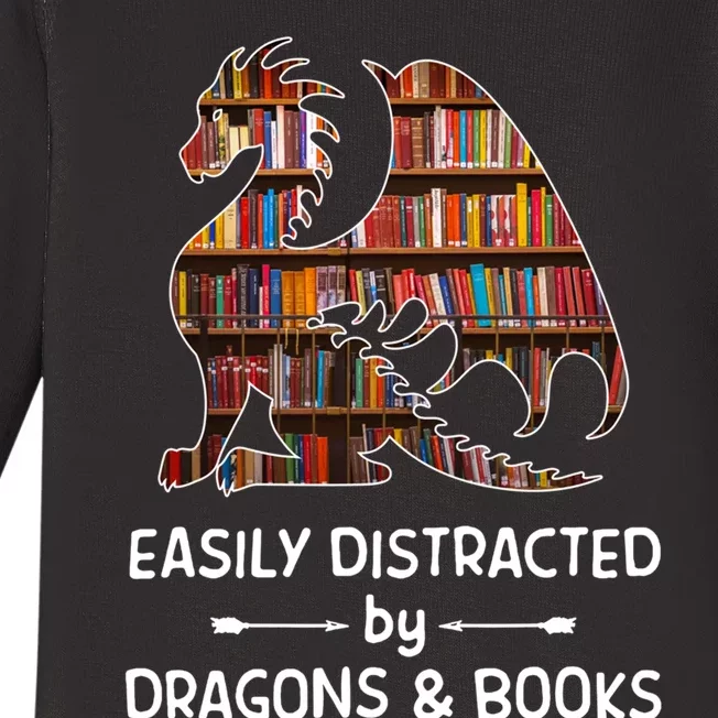 Easily Distracted By Dragon And Books Nerds Meaningful Gift Baby Long Sleeve Bodysuit