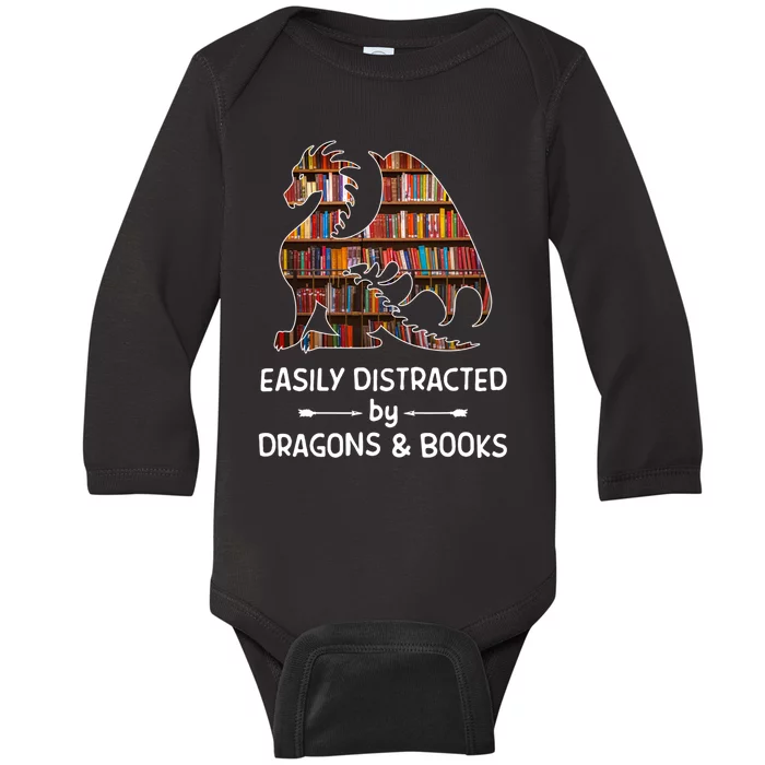 Easily Distracted By Dragon And Books Nerds Meaningful Gift Baby Long Sleeve Bodysuit