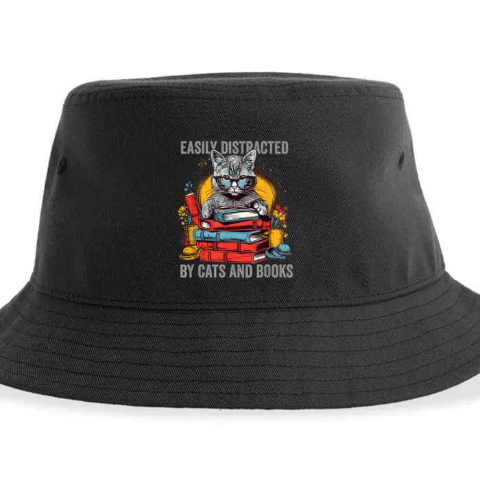 Easily Distracted By Cats And Books Book Lovers Sustainable Bucket Hat