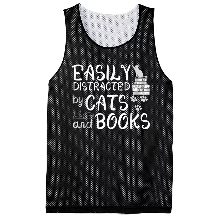 Easily Distracted By Cats And Books Funny Book Lover Mesh Reversible Basketball Jersey Tank