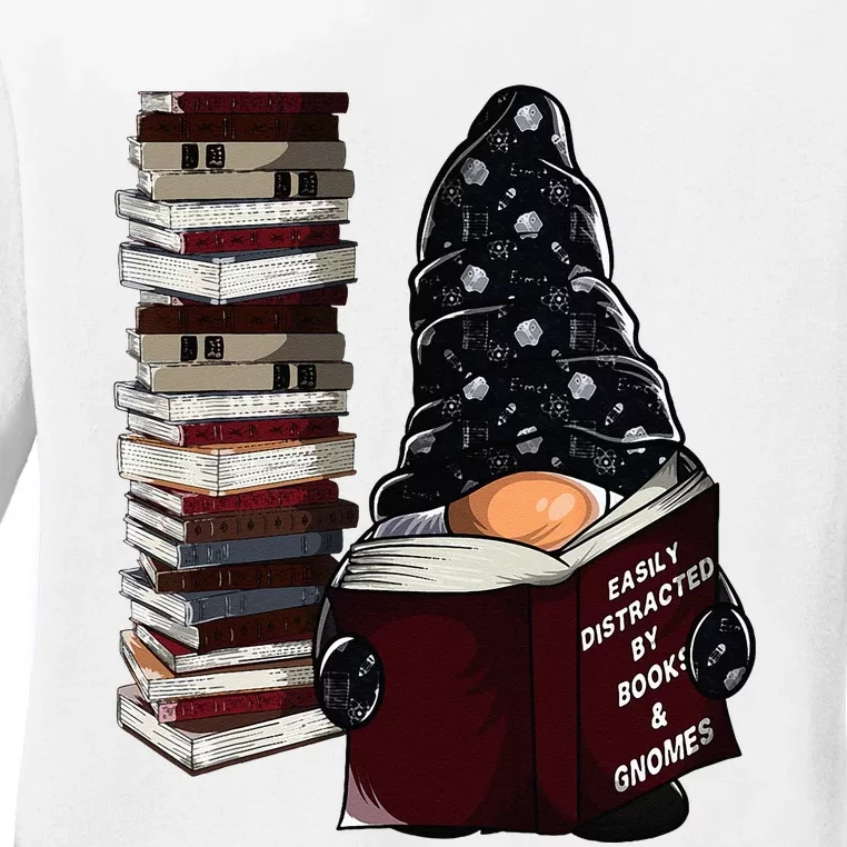 Easily Distracted By Books & Gnomes Garden Gnome Book Lover Ladies Long Sleeve Shirt