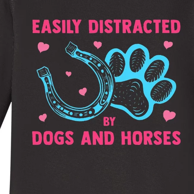 Easily Distracted By Dogs And Horses Funny Farm Animal Lover Baby Long Sleeve Bodysuit