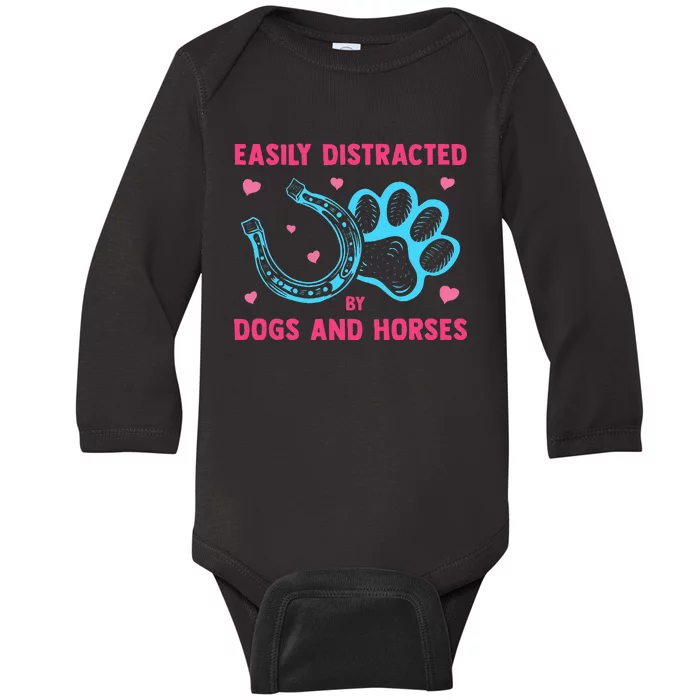 Easily Distracted By Dogs And Horses Funny Farm Animal Lover Baby Long Sleeve Bodysuit