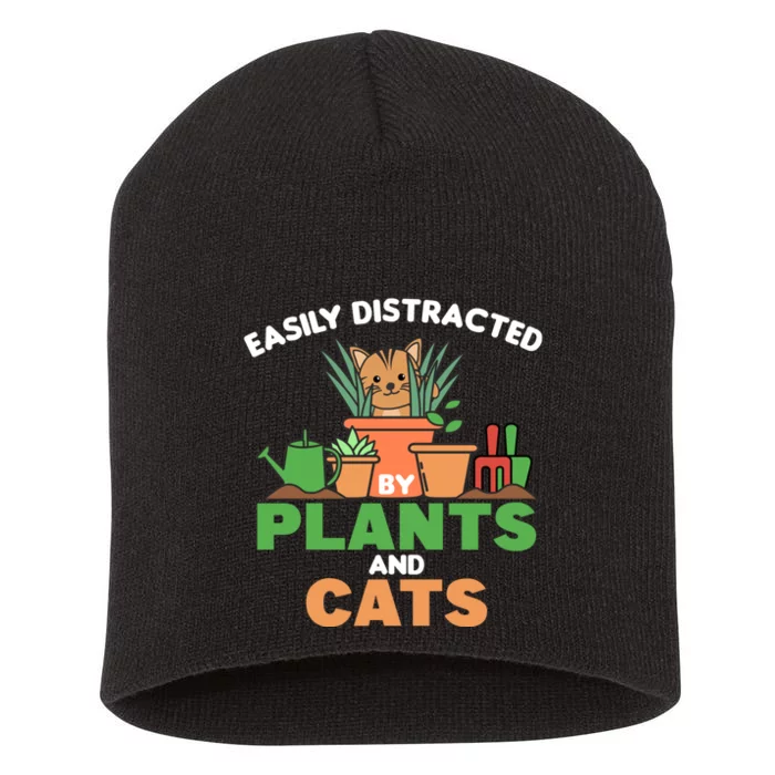 Easily Distracted By Plants And Cats Cute Cat With Flowers Short Acrylic Beanie