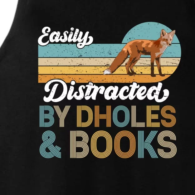 Easily Distracted By Dholes And Books Retro Wild Dogs Lover Gift Ladies Tri-Blend Wicking Tank