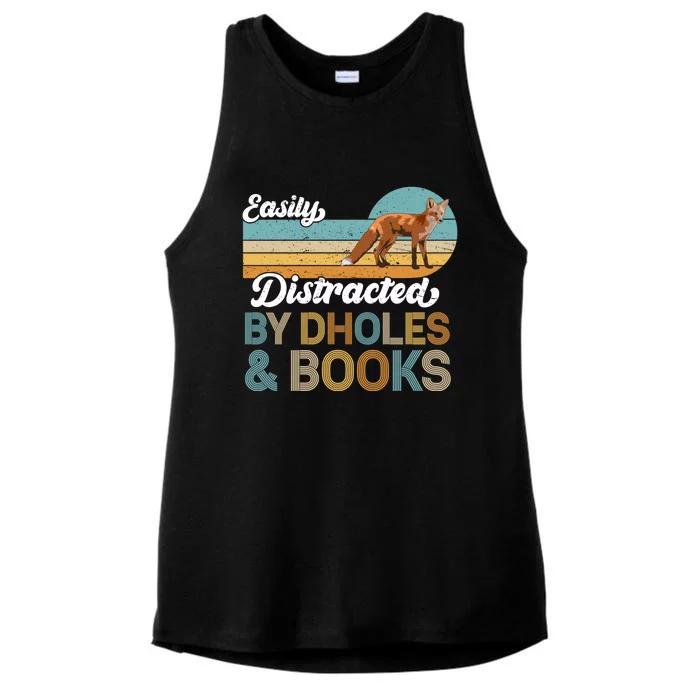 Easily Distracted By Dholes And Books Retro Wild Dogs Lover Gift Ladies Tri-Blend Wicking Tank