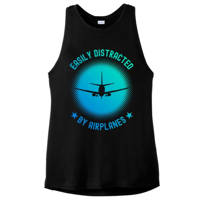 Easily Distracted By Airplanes Funny Flying Plane Gift Ladies Tri-Blend Wicking Tank