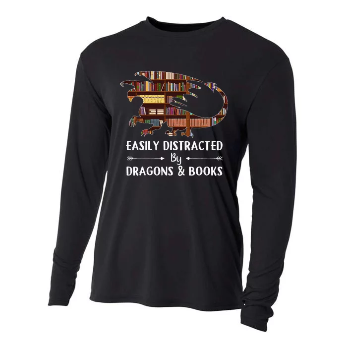 Easily Distracted By Dragon And Books Funny Cooling Performance Long Sleeve Crew