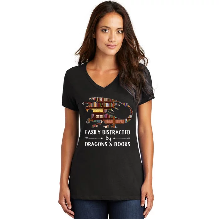 Easily Distracted By Dragon And Books Funny Women's V-Neck T-Shirt