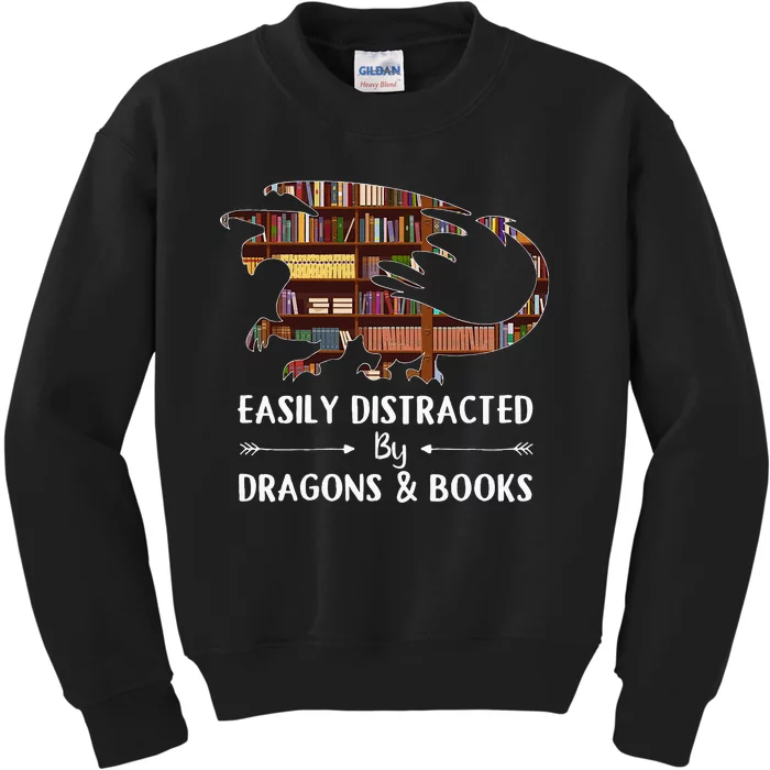 Easily Distracted By Dragon And Books Funny Kids Sweatshirt