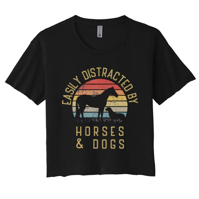 Easily Distracted By Horses And Dogs I Like Heart Horse Dog Women's Crop Top Tee