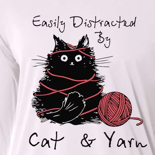 Easily Distracted By Cats And Yarn Funny Knitting Crochet Cooling Performance Long Sleeve Crew