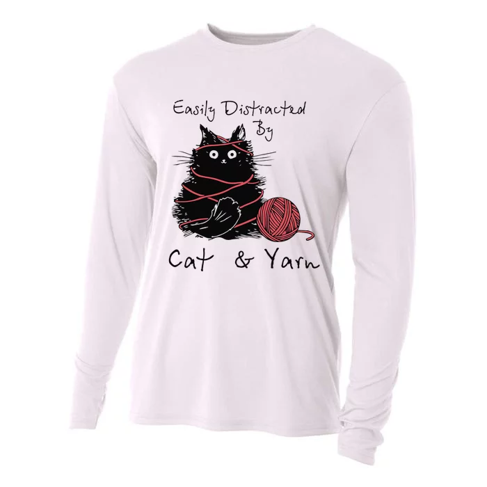 Easily Distracted By Cats And Yarn Funny Knitting Crochet Cooling Performance Long Sleeve Crew