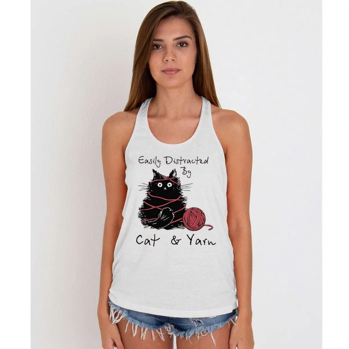 Easily Distracted By Cats And Yarn Funny Knitting Crochet Women's Knotted Racerback Tank