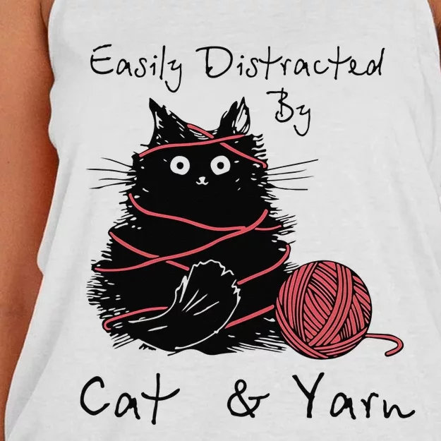 Easily Distracted By Cats And Yarn Funny Knitting Crochet Women's Knotted Racerback Tank