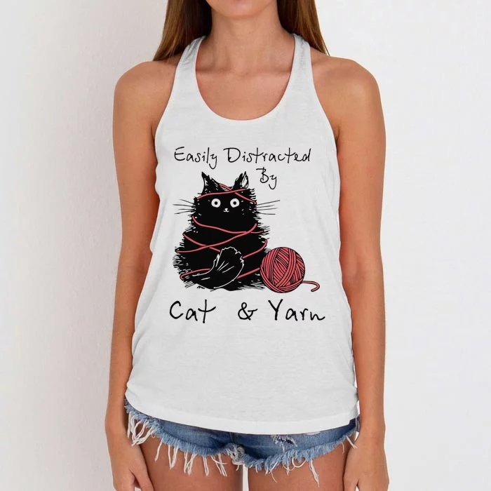 Easily Distracted By Cats And Yarn Funny Knitting Crochet Women's Knotted Racerback Tank