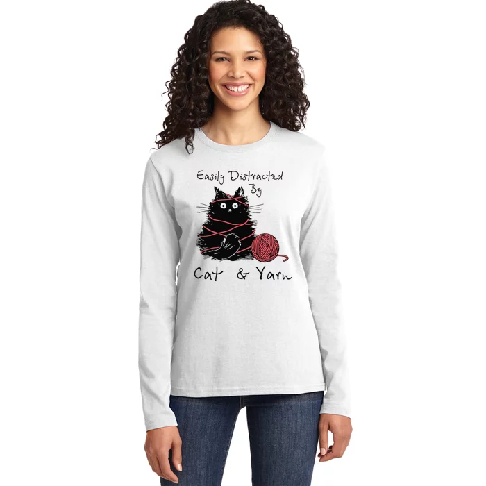 Easily Distracted By Cats And Yarn Funny Knitting Crochet Ladies Long Sleeve Shirt