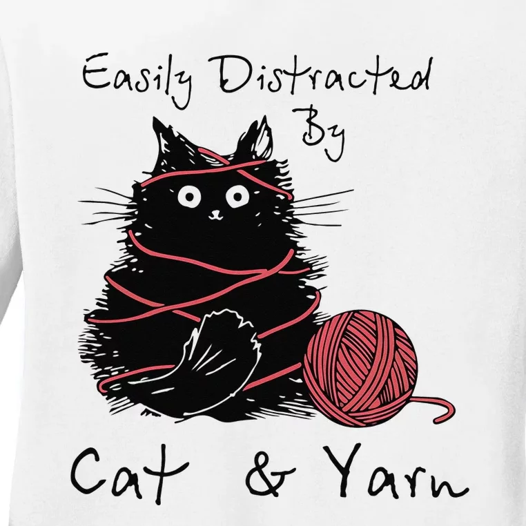 Easily Distracted By Cats And Yarn Funny Knitting Crochet Ladies Long Sleeve Shirt