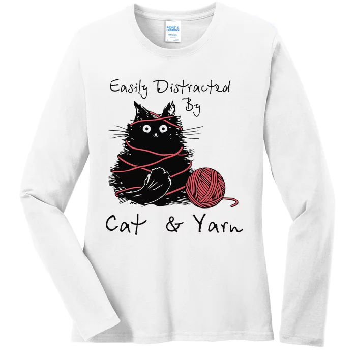 Easily Distracted By Cats And Yarn Funny Knitting Crochet Ladies Long Sleeve Shirt