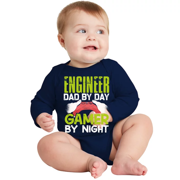 Enginer Dad By Day Gamer By Night Fathers Funny Gaming Gift Baby Long Sleeve Bodysuit