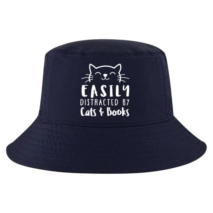 Easily Distracted By Cats And Books Cat & Book Lover Cool Comfort Performance Bucket Hat