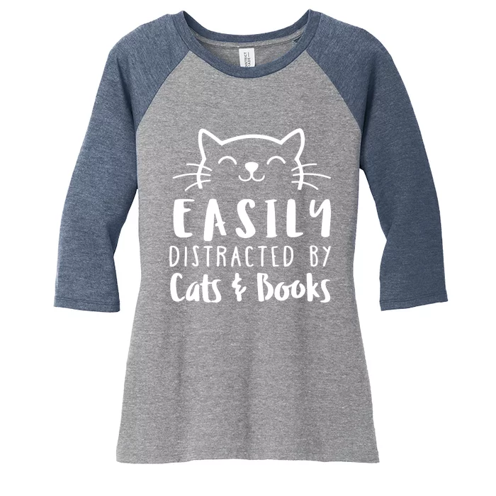 Easily Distracted By Cats And Books Cat & Book Lover Women's Tri-Blend 3/4-Sleeve Raglan Shirt