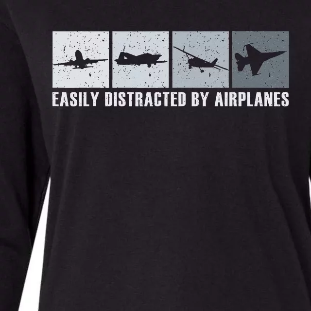 Easily Distracted By Airplanes Pilot Aviation Plane Lover Womens Cotton Relaxed Long Sleeve T-Shirt