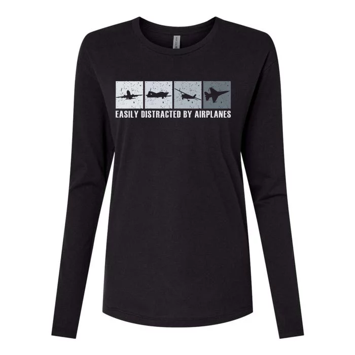 Easily Distracted By Airplanes Pilot Aviation Plane Lover Womens Cotton Relaxed Long Sleeve T-Shirt