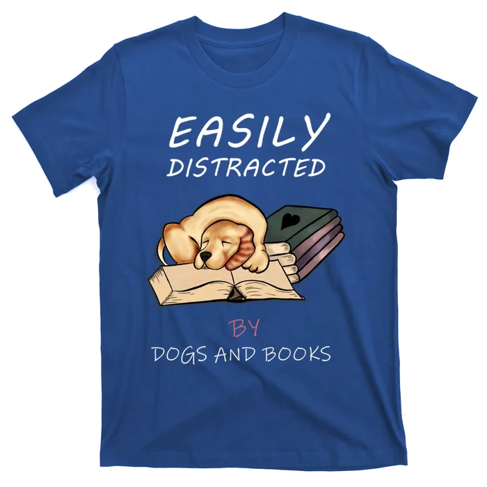 Easily Distracted By Dogs And Books Cute Love Ilustration Gift T-Shirt