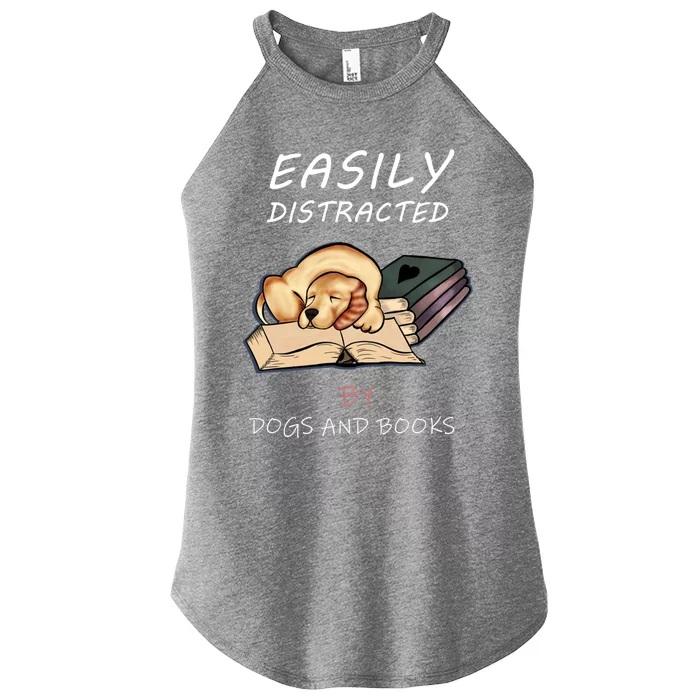 Easily Distracted By Dogs And Books Cute Love Ilustration Gift Women’s Perfect Tri Rocker Tank