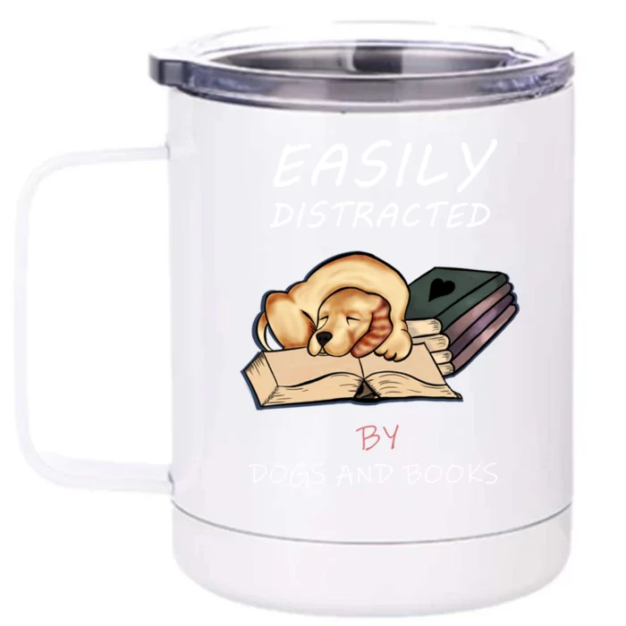 Easily Distracted By Dogs And Books Cute Love Ilustration Gift Front & Back 12oz Stainless Steel Tumbler Cup