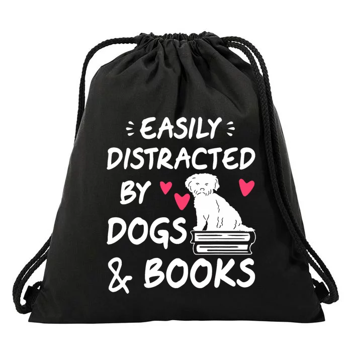 Easily Distracted By Dogs And Books Dog & Book Lover Drawstring Bag