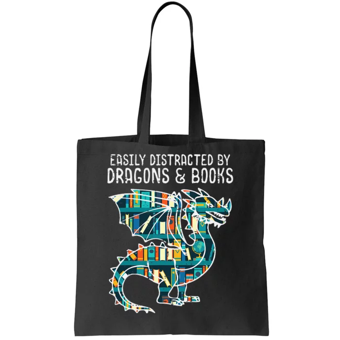 Easily Distracted By Dragons Books Funny Reading Bookworm Tote Bag