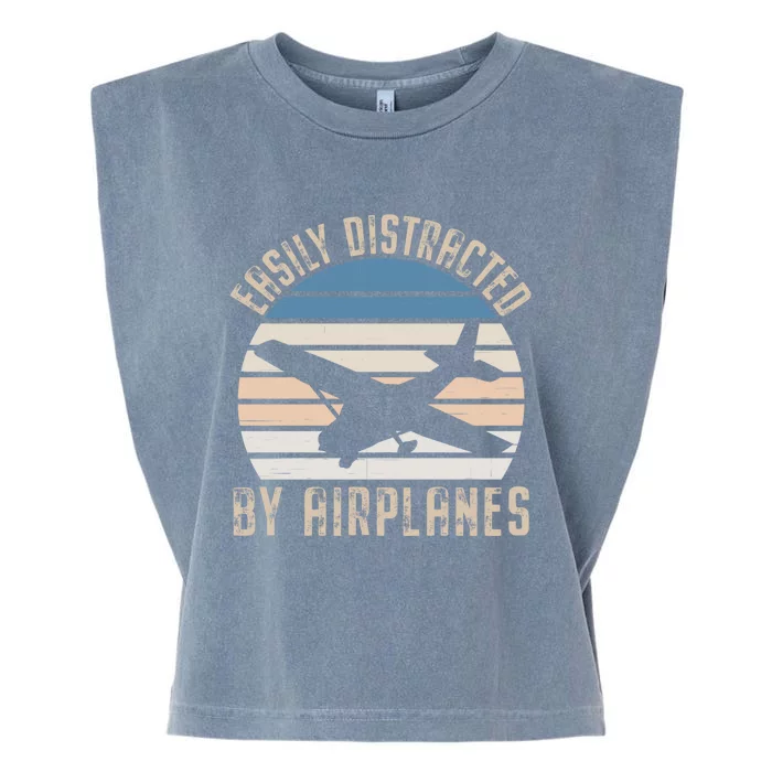 Easily Distracted By Airplanes Retro Airplane Lover Aviation Meaningful Gift Garment-Dyed Women's Muscle Tee