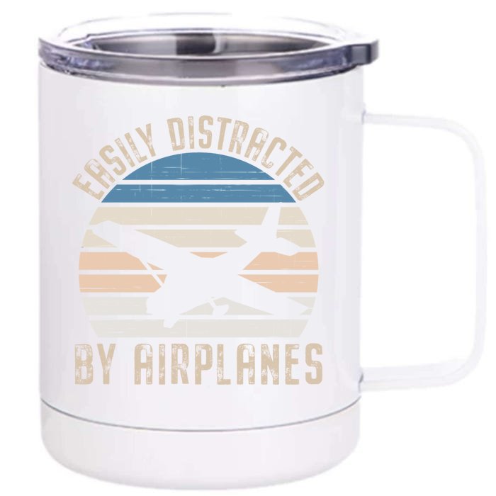 Easily Distracted By Airplanes Retro Airplane Lover Aviation Meaningful Gift Front & Back 12oz Stainless Steel Tumbler Cup